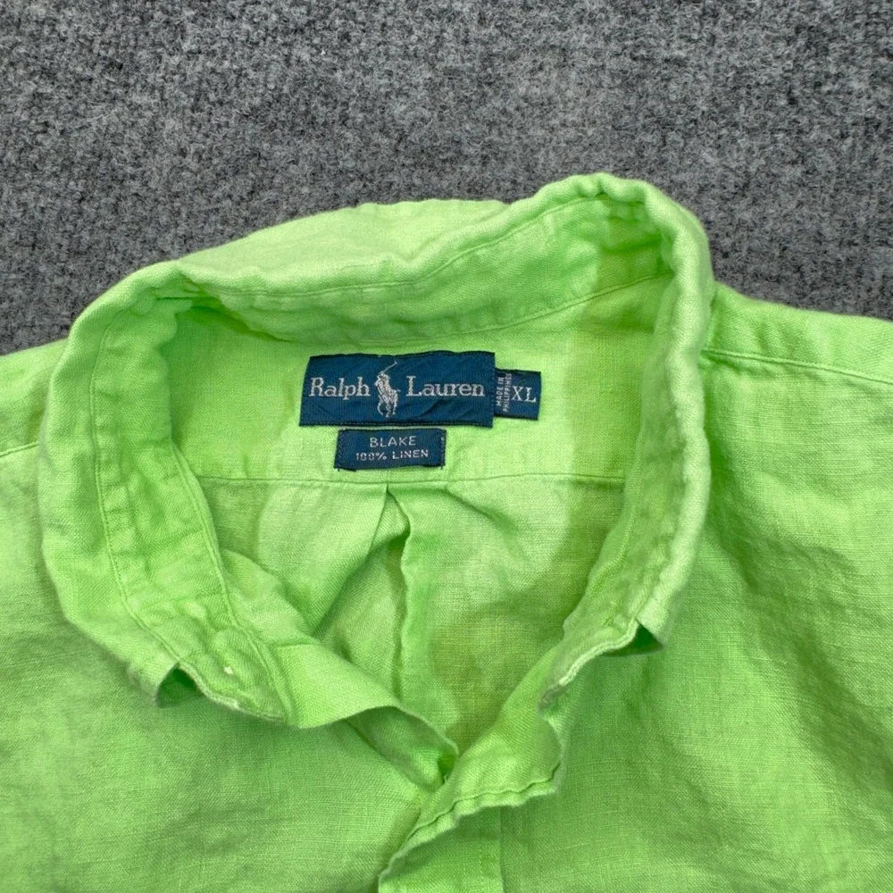 Vintage Polo Ralph Lauren Linen Shirt Mens XL Green Button Up Short Sleeve 90s